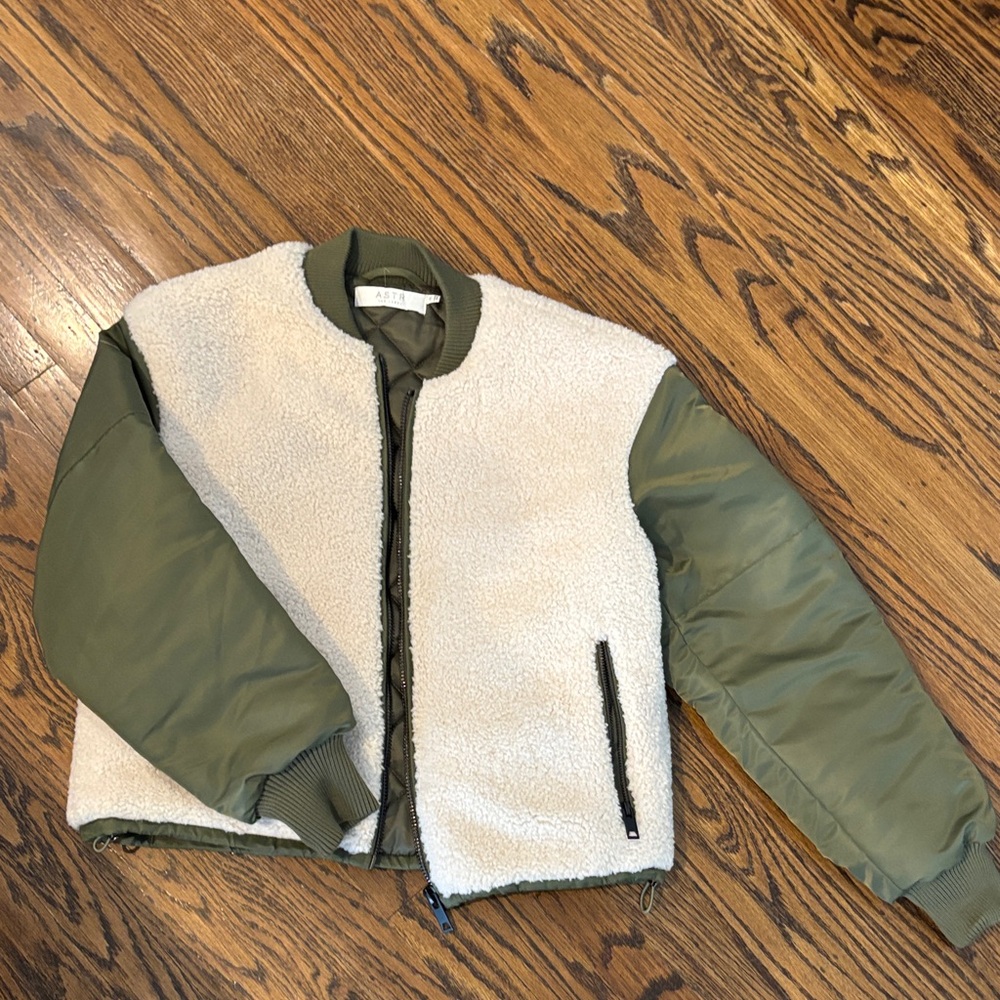 ASTR Olive Green and Cream Sherpa Bomber Jacket